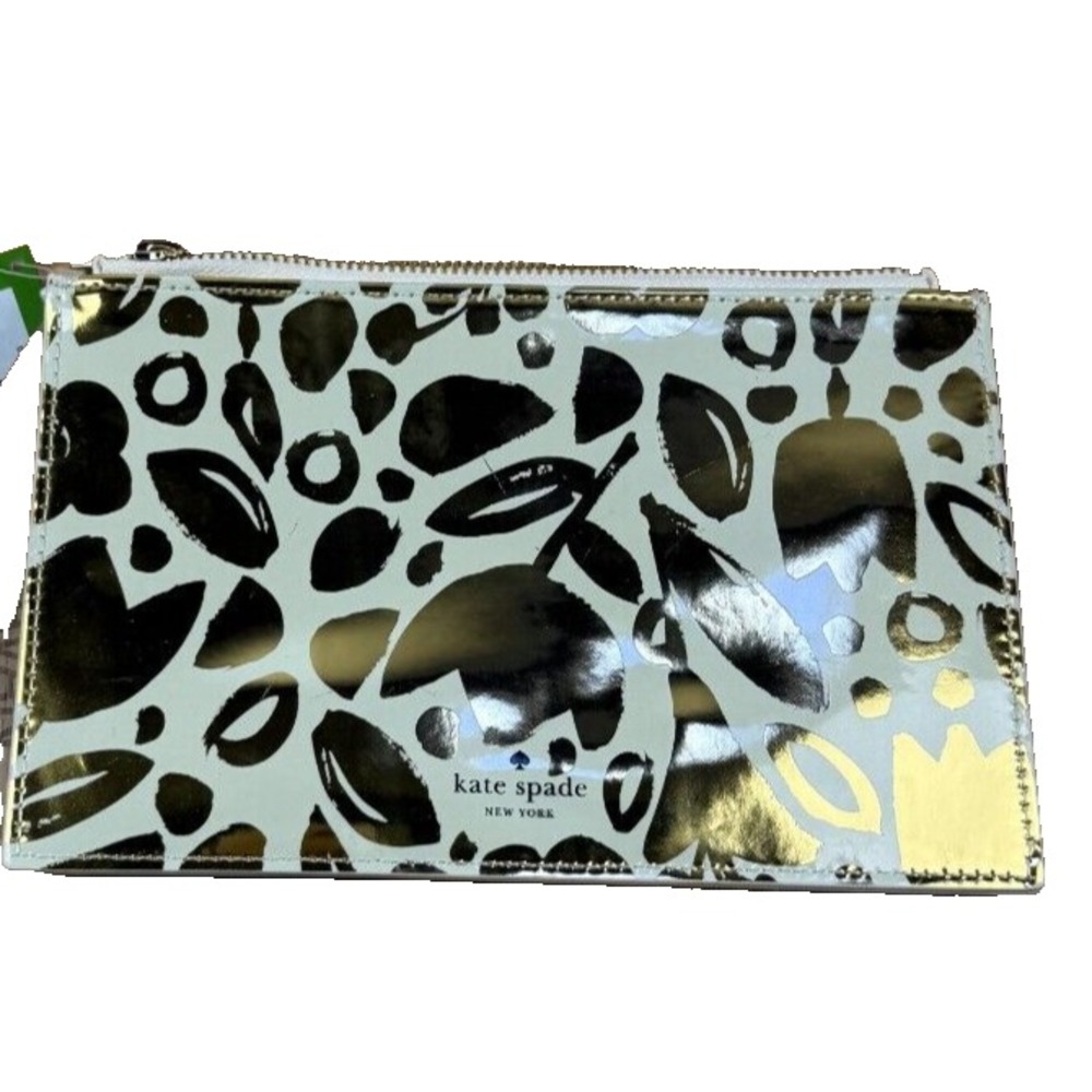 Kate Spade New York Golden Floral Pencil Pouch Gold Metallic Zip Bag 9x5 NEW